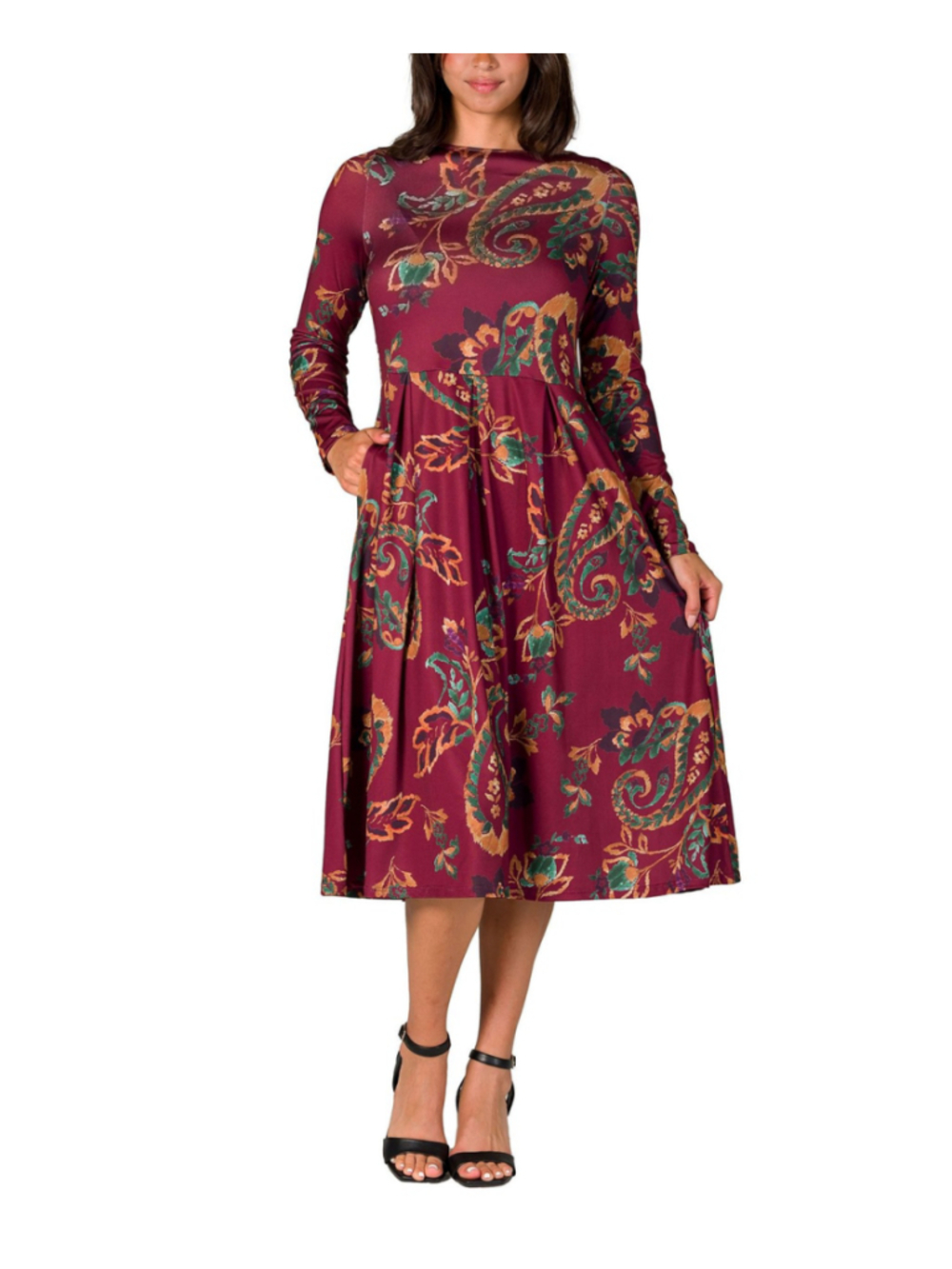24seven Comfort Apparel XL Wine Paisley Midi Length Long Sleeve Pocket Dress NWT